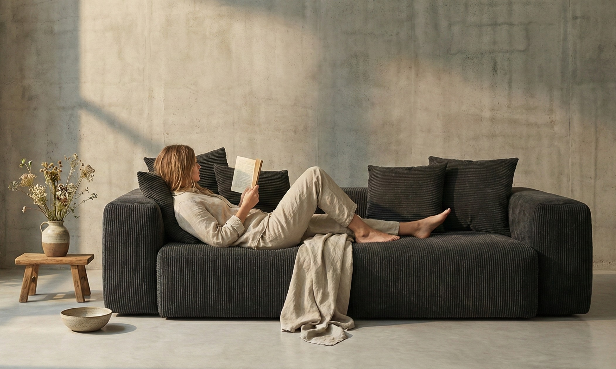 Woman relaxing on Havinden Rille Modular Corduroy Sofa in Scandinavian living room
