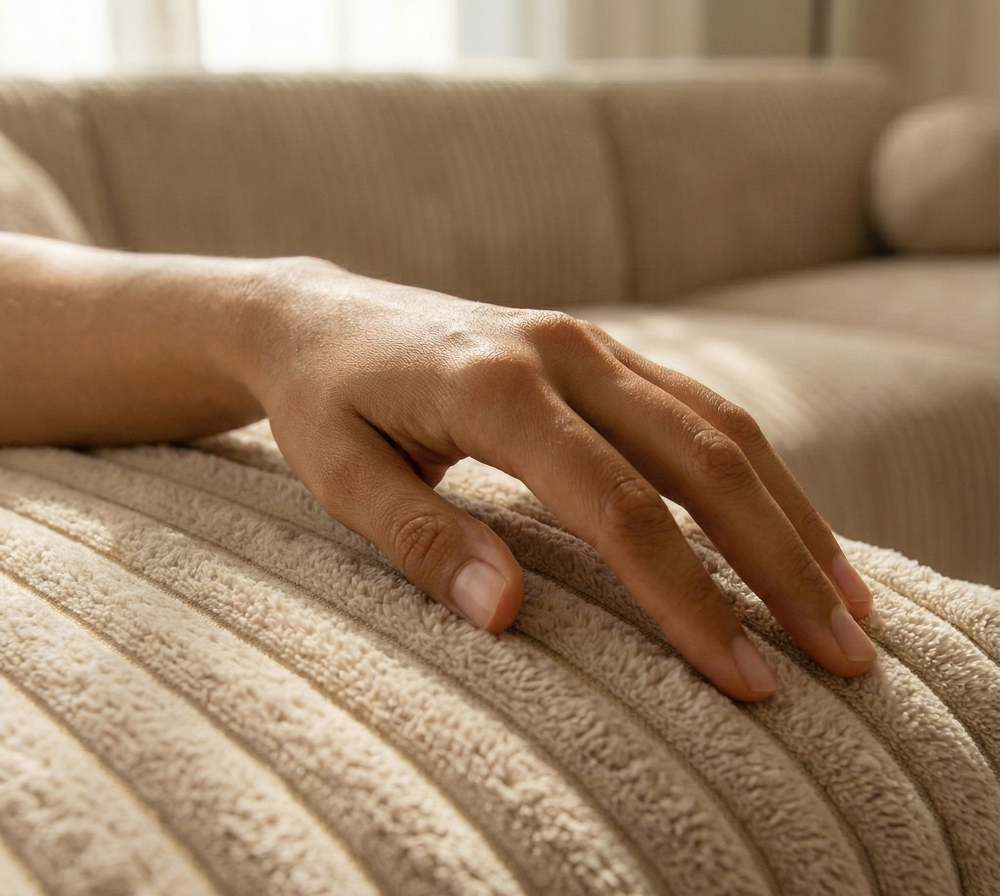 Hand resting on a textured beige surface with a blurred sofa in the background